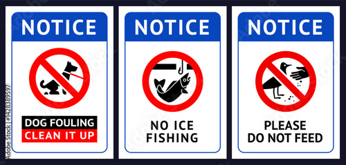 Prohibited label No dog fouling, No fishing, Do not feed birds, forbidding sticker set