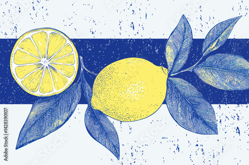 Vintage Lemon Etching Vector Design in Blue and Yellow with Text Space