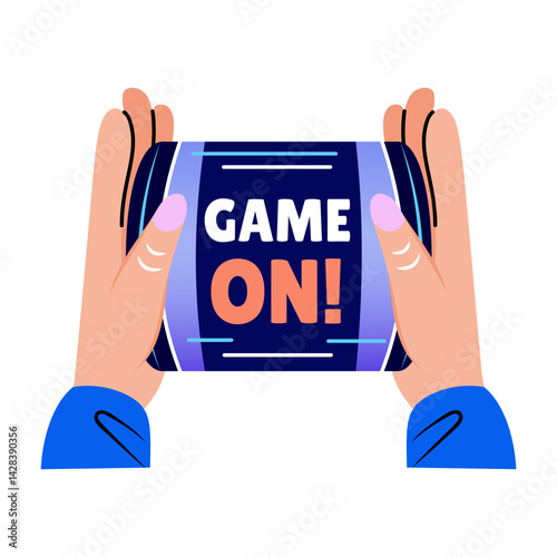 Flat sticker showing mobile gaming with hands