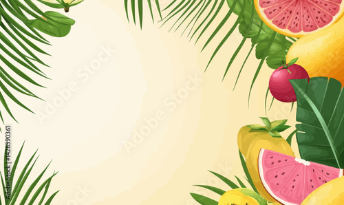 Vibrant Tropical Palm Leaves and Exotic Fruits Illustration for Summer Theme