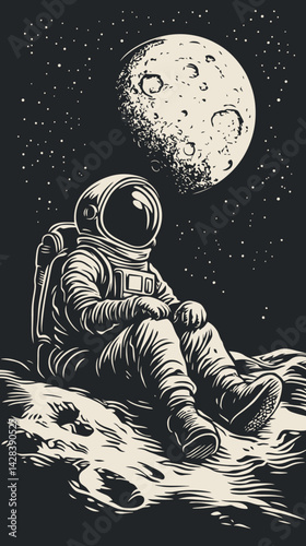 Retro Astronaut on Moon Surface: Vintage Linocut Space Adventure Exploration