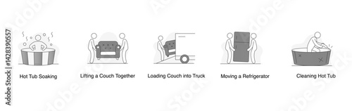 Home Relaxation and Comfort. Hot Tub Soaking, Cleaning Hot Tub, Lifting a Couch Together, Loading Couch into Truck, Moving a Refrigerator