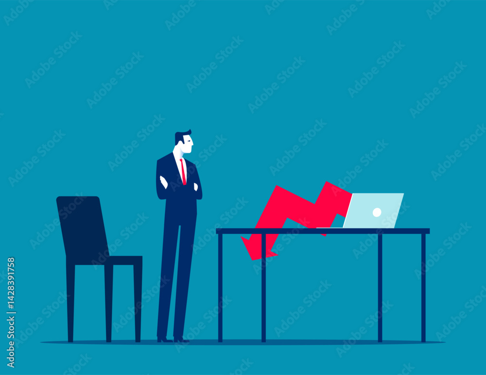 Fototapeta premium Frustrated businessman watching falling arrows from a computer screen, Declining business