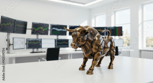 Bronze Bull Figurine on Desk in Modern Financial Trading Room