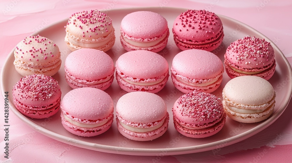 Fototapeta premium Delicious Colorful Pink Macarons Beautifully Arranged On A Pink Plate
