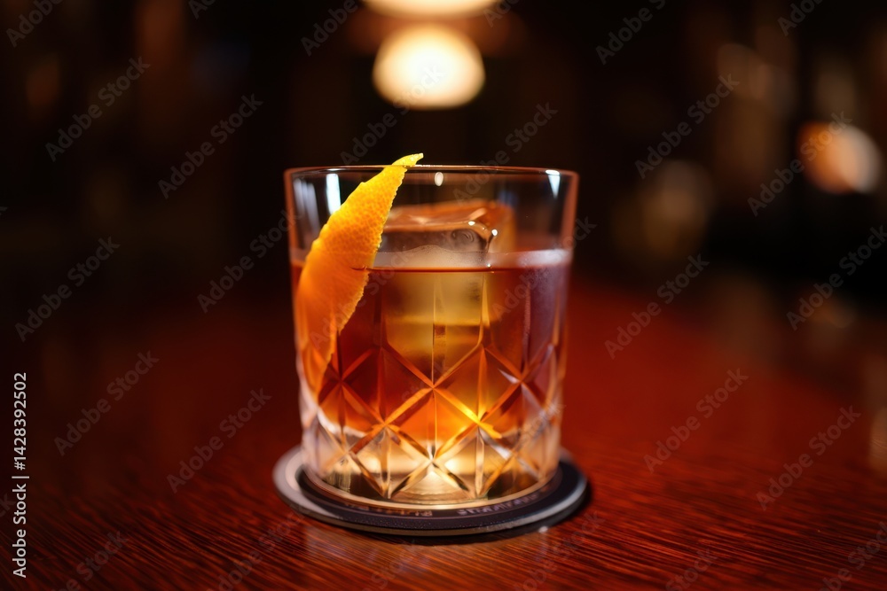 Old fashioned classic cocktail drink in crystal glass on bar counter