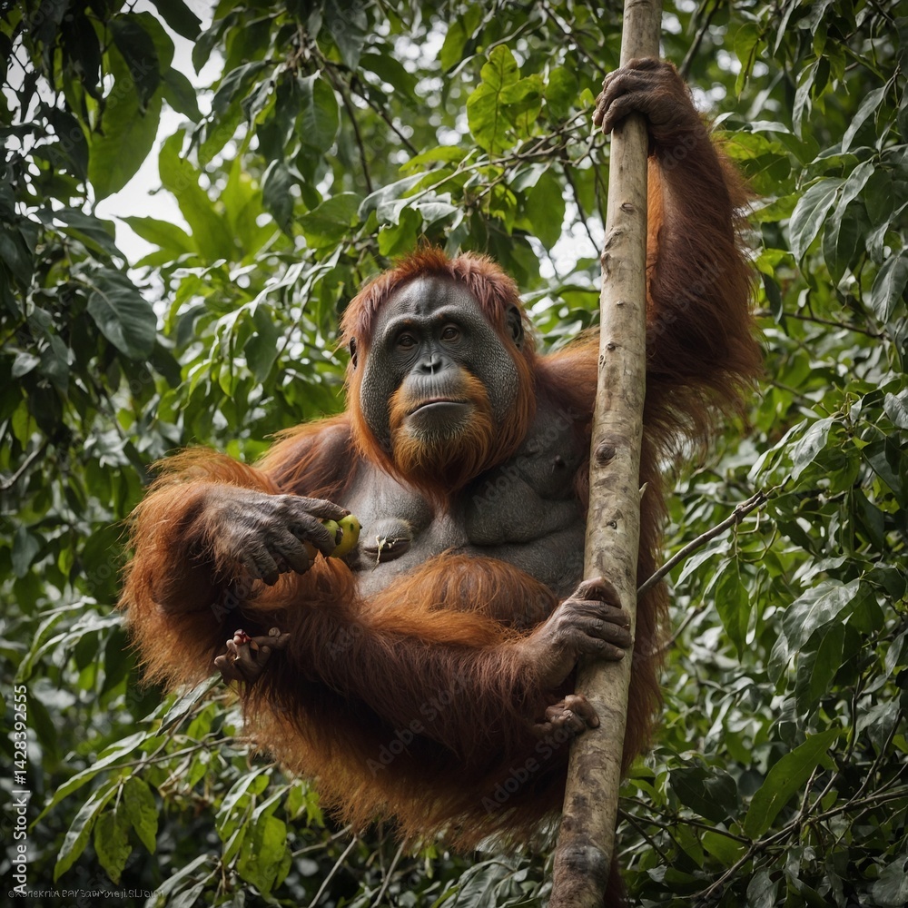 Obraz premium Orangutan Using a Stick to Reach Fruit