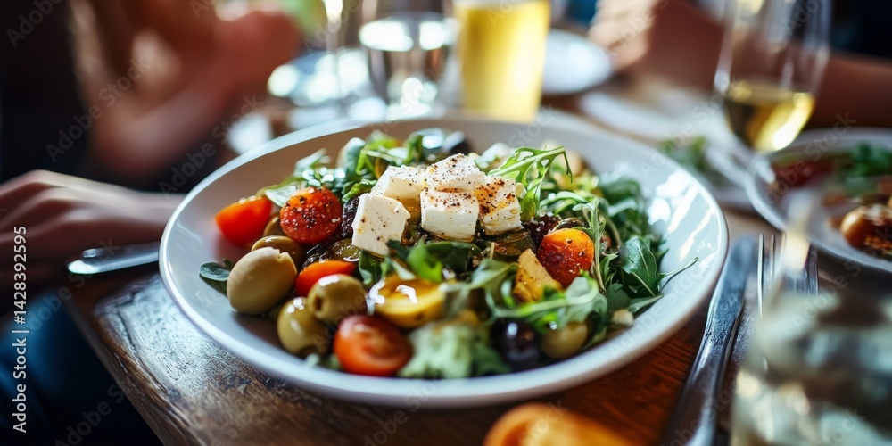A colorful and fresh salad bowl filled with greens, tomatoes, and olives. Perfect for a healthy meal. Great for food lovers and healthy eating enthusiasts. Enjoy fresh flavors. AI