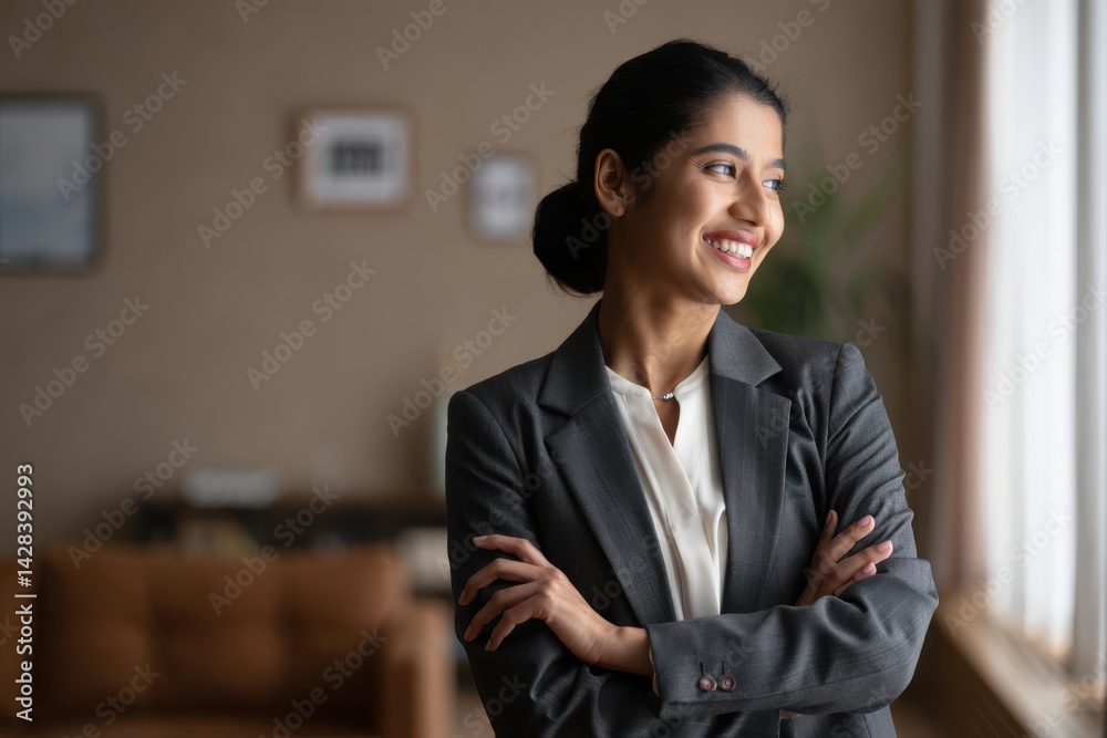 Happy businesswoman with crossed arms standing at home and looking away