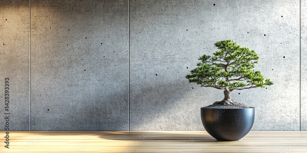 An elegant bonsai tree in a sleek black pot brings tranquility to a modern space. The concrete wall adds a minimalist touch. Perfect for home or office decor. AI