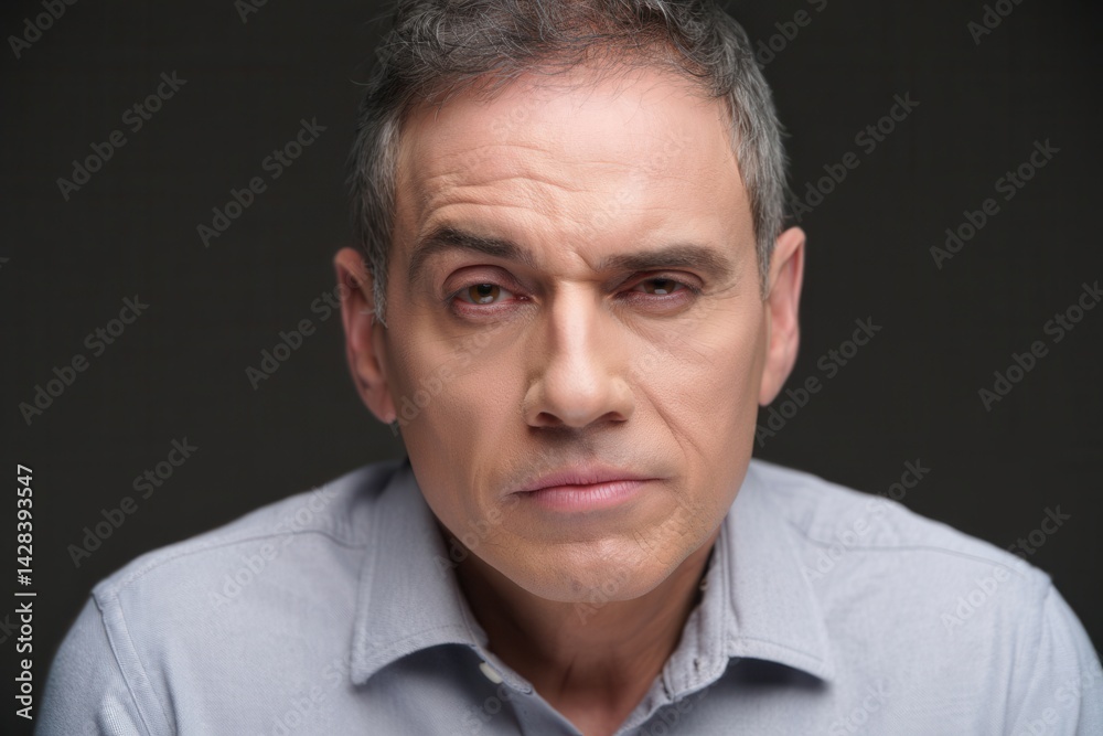 Portrait of forgetful mature adult male with tired exhausted look on his face