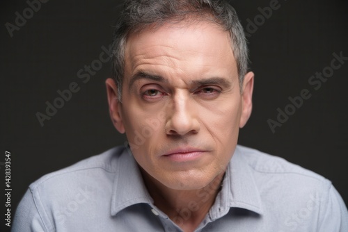 Portrait of forgetful mature adult male with tired exhausted look on his face