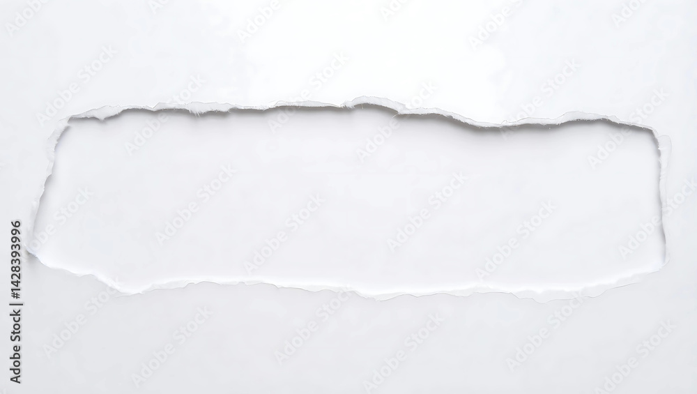 White paper background with a horizontal rectangular hole torn revealing white space beneath White paper background with a horizontal rectangular hole torn revealing white space beneath