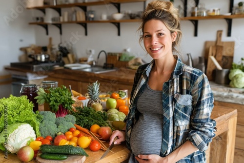 Pregnant Woman in Kitchen with Fresh Produce photo