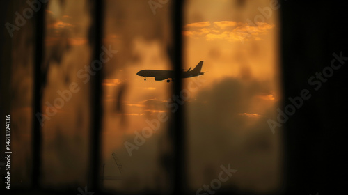 Passenger airplane ascending into golden sunset clouds viewed through window, symbolizing journey home, travel adventure and aviation experience.