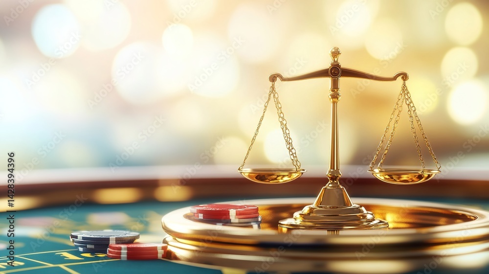 Gold scales on a blue table, chips next to them, blurred backgrounds with flares.