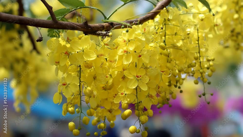 Golden shower tree blossoms in full bloom, cascading yellow flowers create a vibrant natural scene – concept of spring beauty and tropical flora