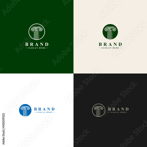 A simple logo with an Ionic column as the central element, styled in elegant green tones