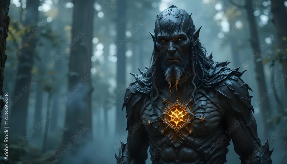 Fototapeta premium Dark Fantasy Character Standing in Forest with Glowing Emblem Artwork