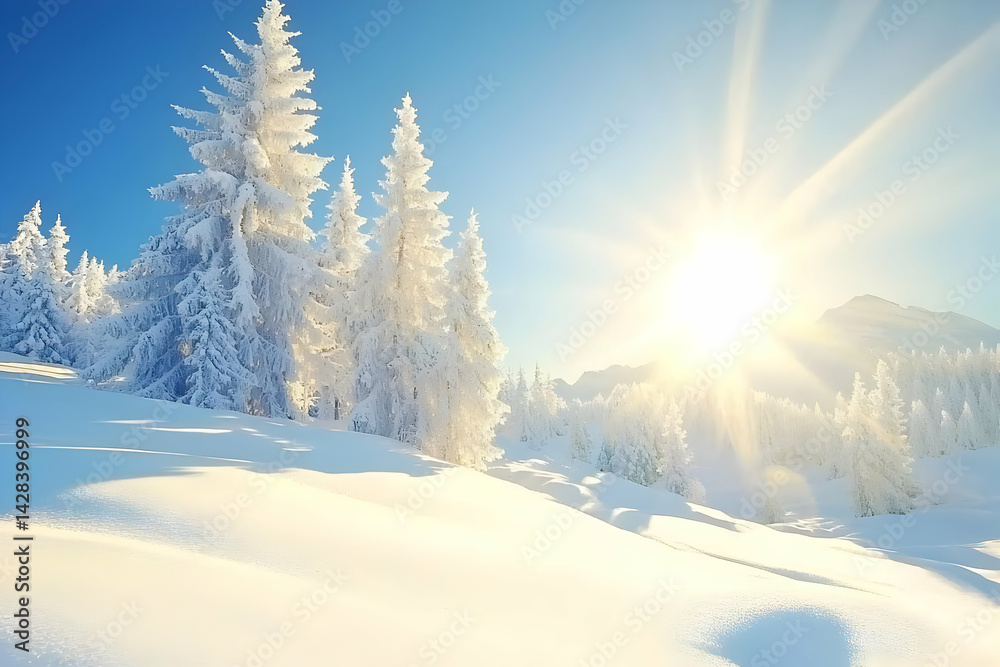 Obraz premium Winter Wonderland: Sunlit Snow-Covered Trees and Mountains