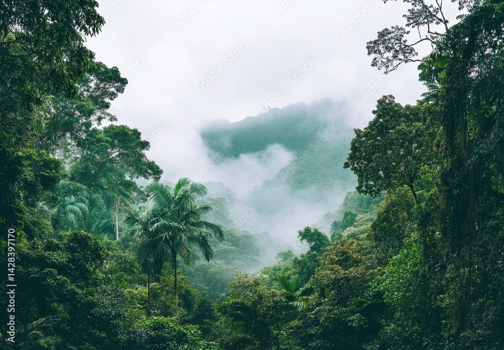 Obraz premium Lush Tropical Rainforest Landscape with Misty Mountains and Dense Vegetation Beneath a Cloudy Sky