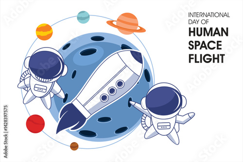 Vector illustration of astronauts and a rocket orbiting a planet, celebrating the International Day of Human Space Flight. Perfect for science and space themes.

