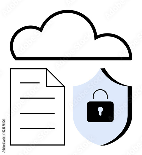 Cloud overhead, a sheet of paper symbolizing data, and a shield with a lock for security. Ideal for technology, data protection, cloud storage, cybersecurity, privacy, digital safety innovation
