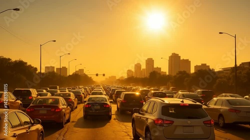 A blazing sun scorches the streets as endless cars jam up under golden light, reflecting urban overheating
