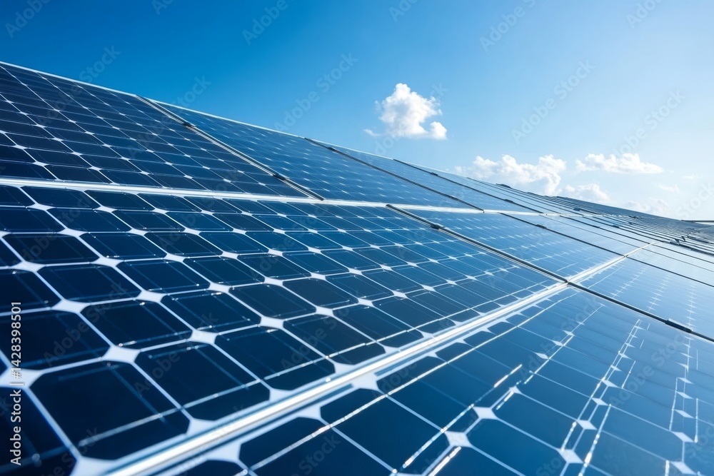 Shining solar panels stretch under a clear blue sky. Clean energy technology is at the forefront of modern solutions. Enjoy the beauty of sustainability and innovation. AI