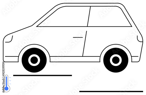 Side view of a compact car with a thermometer icon highlighting concepts thumbs up transportation, temperature control, climate impact, efficiency, monitoring, technology, mobility. Ideal