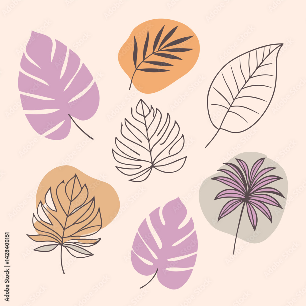 A set of 7 tropical leaf silhouettes arranged with clean, sharp outlines. This collection should feature a variety of leaf types like monstera
