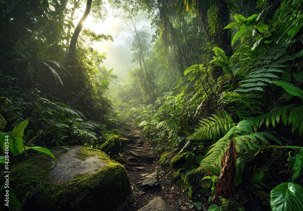 Obraz premium Lush Green Wilderness Pathway Through Dense Rainforest Surrounded by Vibrant Foliage and Soft Misty Atmosphere in Nature’s Untouched Paradise