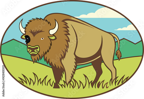 Cartoon Bison Illustration Majestic Wildlife in Scenic Field