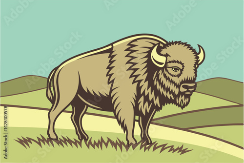 Cartoon Bison Illustration Majestic Wildlife in Scenic Field