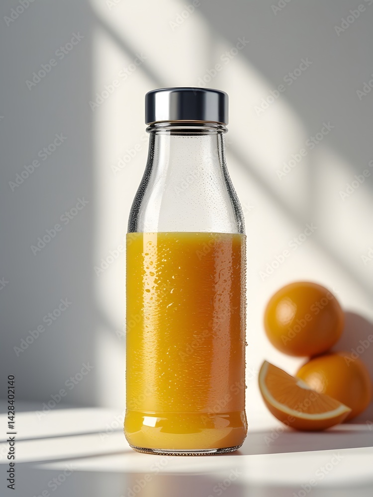 Glass Bottle Mockup with Fresh Orange Juice and Condensation
