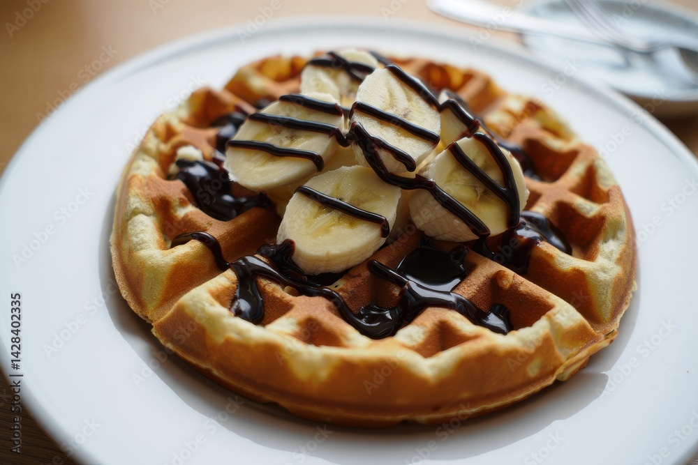 Breakfast waffles with bananas and chocolate Breakfast waffles with bananas and chocolate