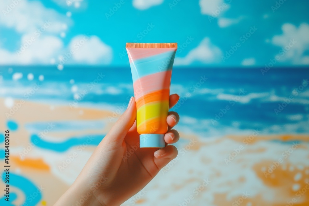 A vibrant hand holds a colorful tube of lotion against a beach backdrop. The bright stripes evoke summer and fun. Ideal for skincare and beach products. AI