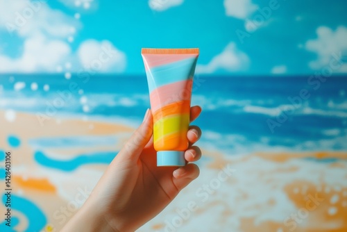 Obraz na płótnie A vibrant hand holds a colorful tube of lotion against a beach backdrop. The bright stripes evoke summer and fun. Ideal for skincare and beach products. AI w salonie