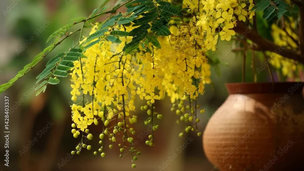 Golden yellow cassia flowers bloom and cascade from tree branches, creating a vibrant natural scene – perfect for spring, festival, and tranquility concepts.