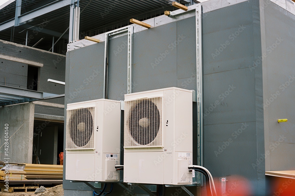 Two air source heat pumps installed outside of new and modern city house under construction, green renewable energy concept of heat pump