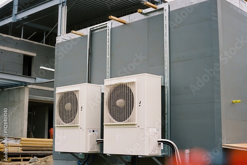 Obraz na płótnie Two air source heat pumps installed outside of new and modern city house under construction, green renewable energy concept of heat pump w salonie