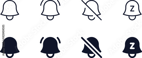 Set of Notification, Alarm, and Snooze Icons with Bell and Alert Symbols for Mobile and Web Interface Design