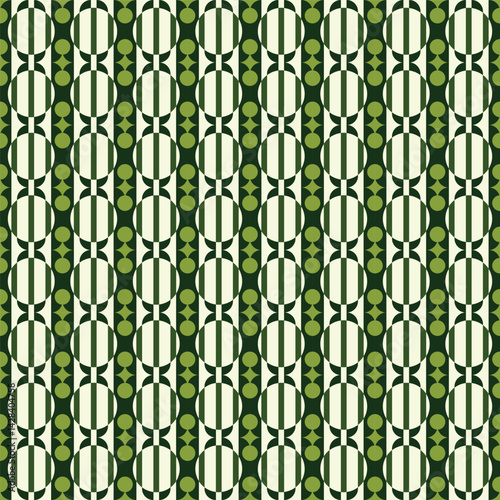 A vibrant and repeating geometric pattern featuring alternating columns of large ovals and vertical stripes. Seamless pattern for decorating, wallpaper, wrapping paper, fabric, backdrop, and etc