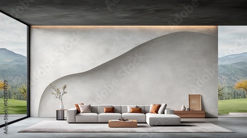 Modern interior with large windows, neutral tones, sofa, and mountain view