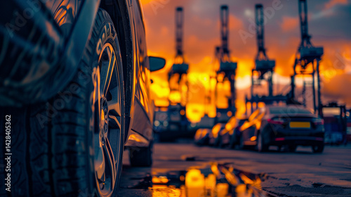 Close-up of cargo ship transporting brand new vehicles at sunset, with port cranes in distance. Automotive logistics, international shipping and global trade concepts.