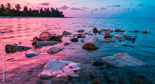 Plastic waste pollutes a vibrant sunset beach scene, highlighting environmental damage.	
