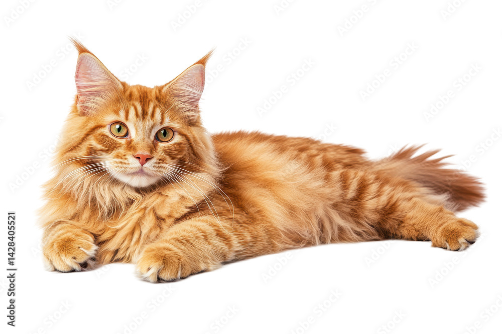 Obraz premium Beautiful orange Maine Coon cat lying on white background perfect for posters cards and home decor