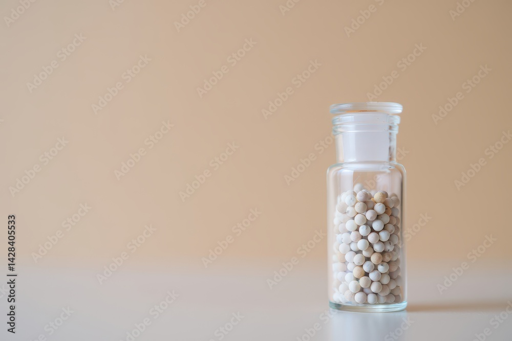 Homeopathic globules in small bottle, homeopathy concept