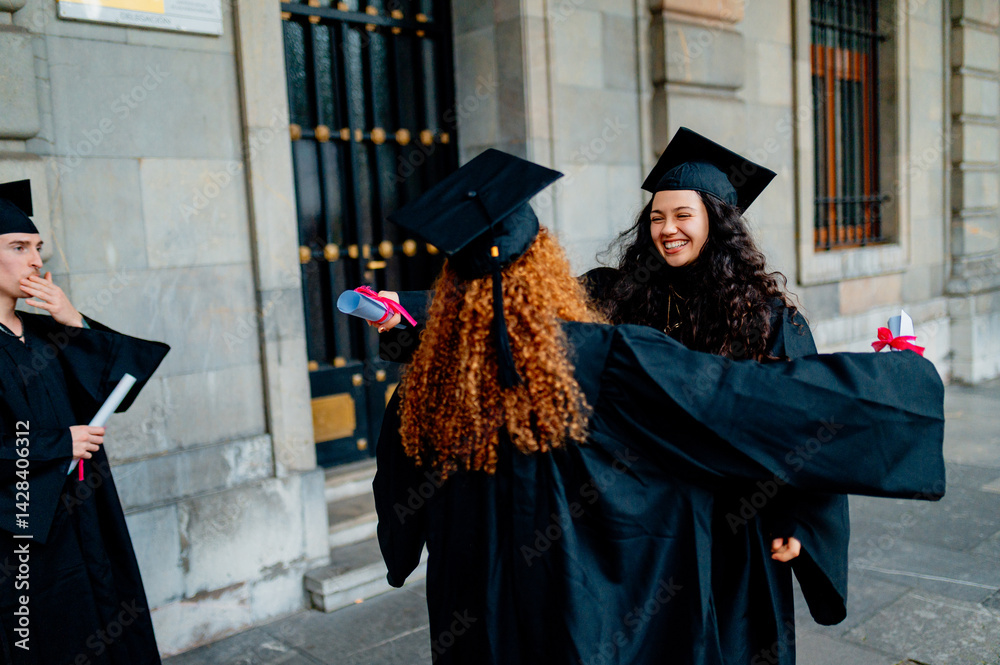 Group of students joyfully hugging and celebrating graduation day in front of their university, marking a significant achievement together