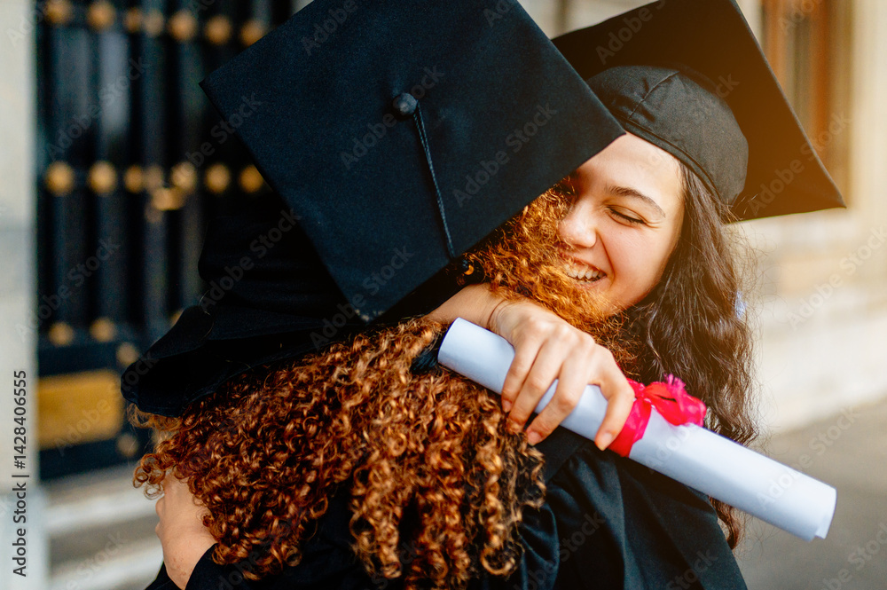 Two female students hugging each other, joyfully celebrating their graduation day with pride and excitement, surrounded by friends and achievements